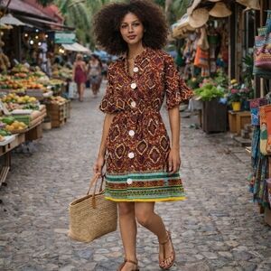 Vibrant Boho Geometric Print Button Front Mini Dress | Retro Ethnic Pattern NWT